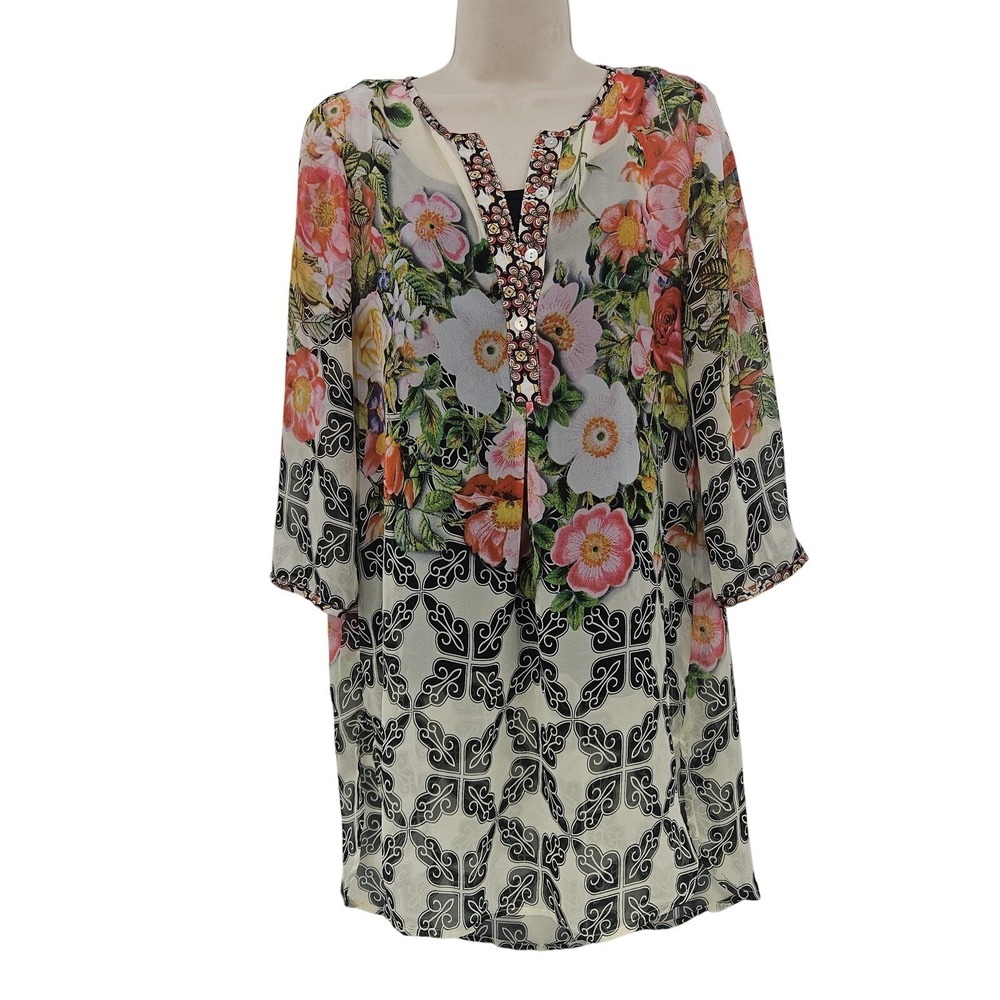 Soft Surroundings Tunic Top Womens Small Sheer Floral Boho Black White Blouse - Picture 2 of 9